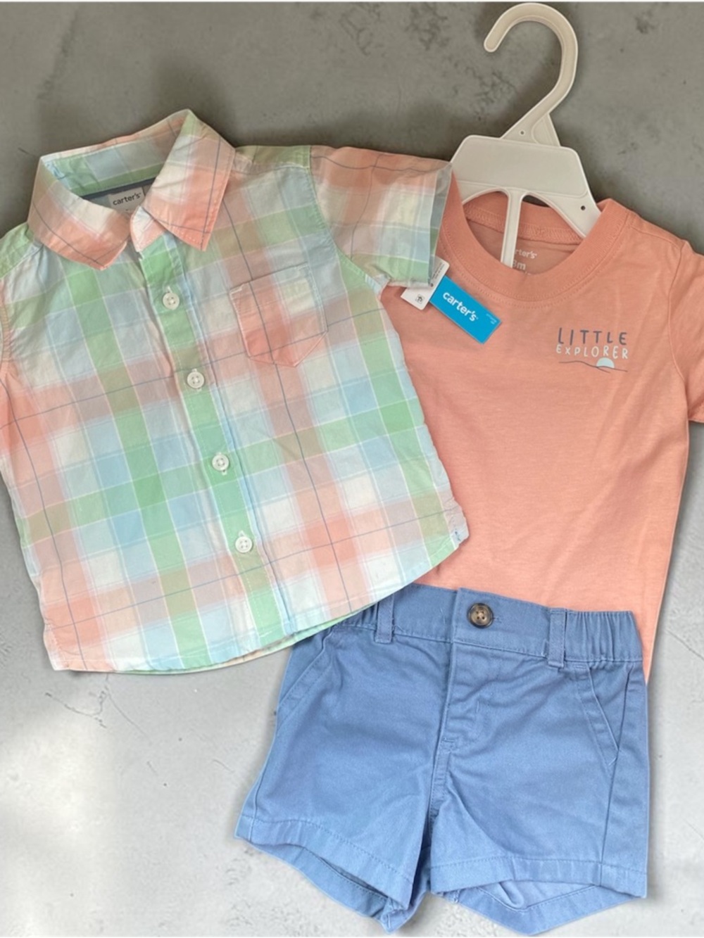 Carter's Peach Tee with Pastel Plaid Button-Down & Blue Shorts